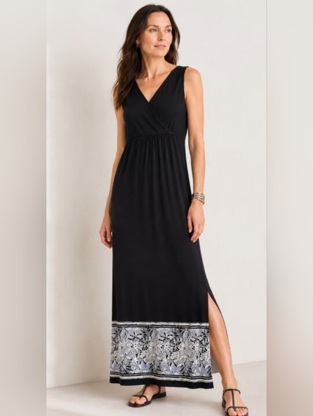 J Jill Wearever Havana Maxi Dress Black With Blue Floral Border Sleeveless S